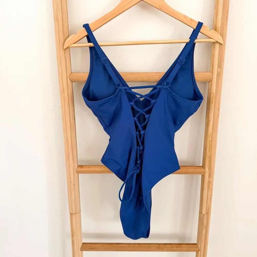 NWOT TA3 Plungey One Piece Swimsuit Sapphire Blue Lace Up Back Shapewear Medium